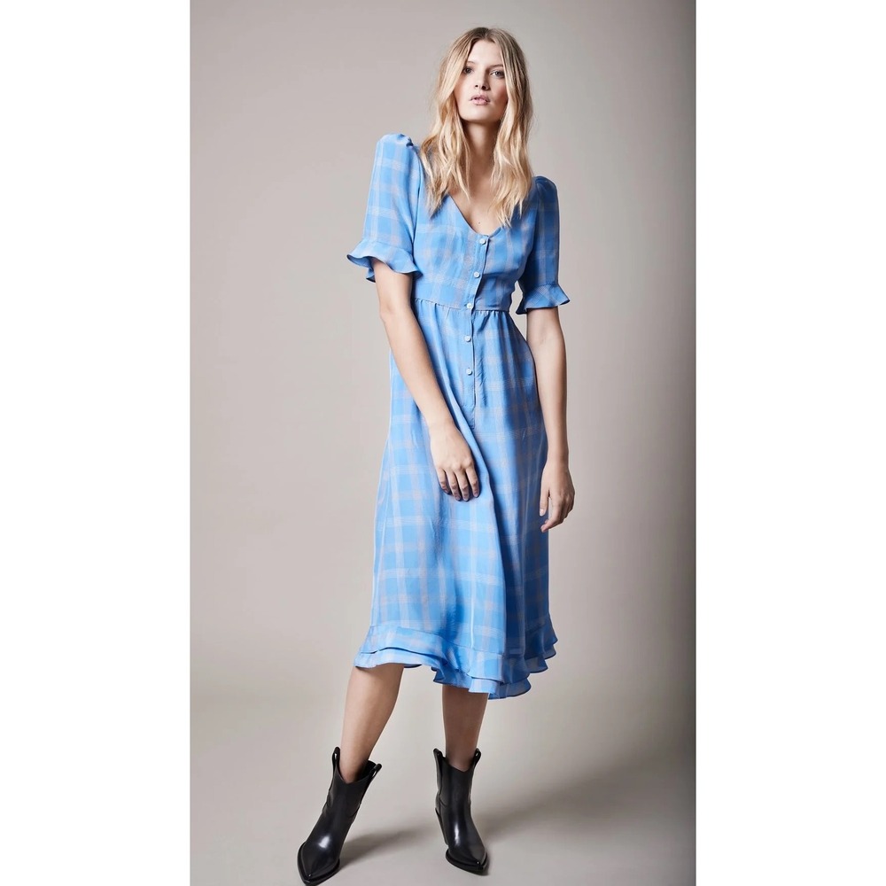 Smythe Frontier Dress 00 Blue Plaid V-Neck Ruffle Midi Maxi Chic Sexy Academia